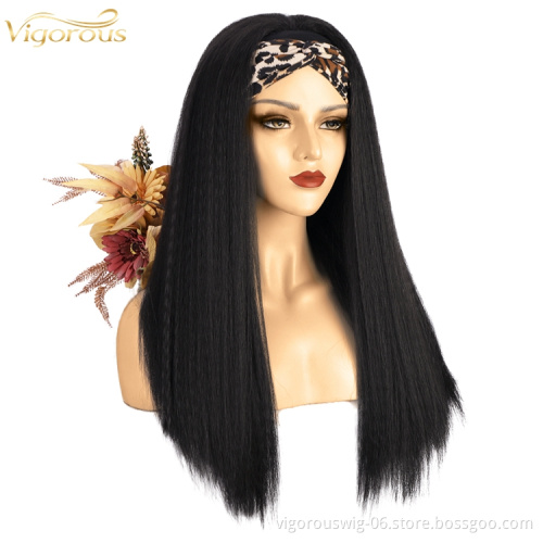 Long Yaki Glueless 2021 Best Quality Wholesale Synthetic Wigs Grip Adjustable Headband Attached For Women Black Wig None Lace